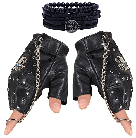 Coolwife Steampunk Gothic Gloves Men's Vintage Genuine Leather Captain Fingerless Mittens