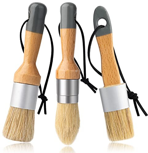 Mister Rui Chalk Wax Paint Brush, 3pcs, Chalk Paint Brushes for Furniture, Small Wax Brush for Acrylic Paint, Milk Paint, Natural Bristles Stencil Brushes, No Shedding