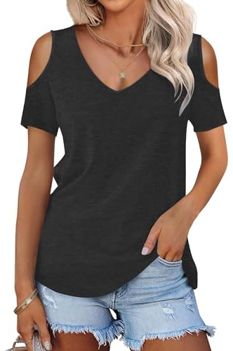 WNEEDU Tee Shirt Femme Col V Ete à Manches Courtes Haut Chic et Elegant | T shirt épaules dénudées, casual top