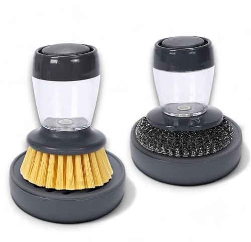 2 Cepillos de Limpieza con Depósito de Jabón y Soporte Escurridor, UNIKCO-2pcs Cepillo y Estropajo para Fregar Platos, Vasos, Ollas, Sartenes, Fregaderos, Encimeras, Hogar y Cocina. Cepillo de Cocina