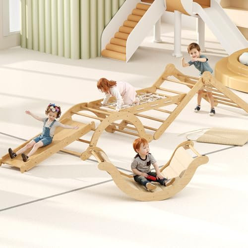 Youyijia 5-in-1 Wooden Climbing Frame for Kids, Montessori Climbing Set, Indoor Gym Set with Triangle Climber, Arch Bridge, Climbing Board, Net & 2 x Short Mat – Toddler Play Equipment 3-6 Age