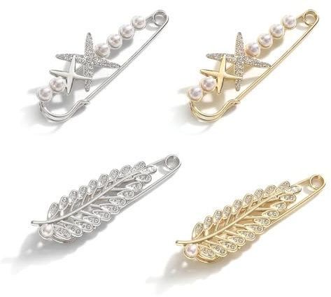 Zasjon Lot de 4 Broches de Femmes, Grandes Broches à Perles, épingles à Nourrice Simulée Épingle de Sécurité Épingle de Sécurité pour écharpe, Manteau, Robe, Doré/argenté