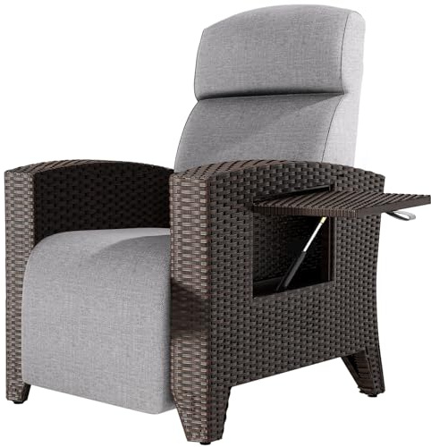 ONKBOITE Tumbona de Relax Ergonómica, Sillón de Ratán, Respaldo Ajustable, con Cojín Grueso, Adecuada para Interiores, Balcón, Jardín, Patio (Bordes de Ratán Negro + Cojín Gris)