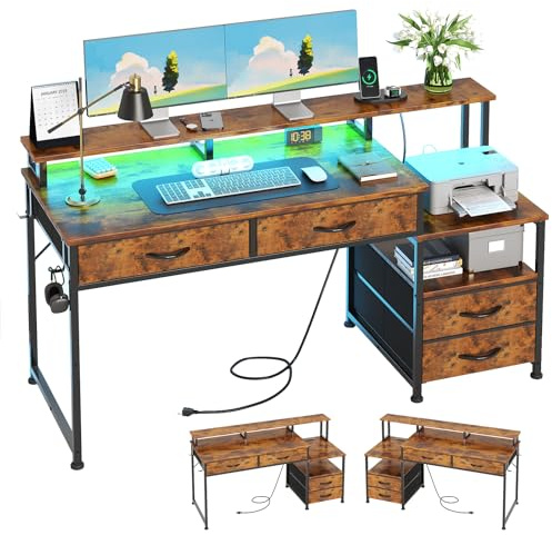 CAIYUN Escritorio para Ordenador con 4 cajones y enchufes Integrados, Escritorio Reversible para Oficina en casa, Mesa de Juegos con Monitor e Impresora, luz LED para Dormitorio (marrón Vintage)