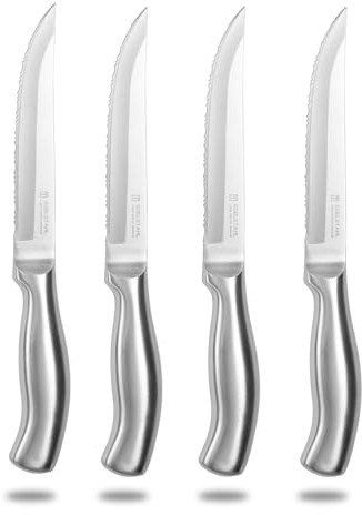 targzier Steak Knives Set of 4,Ultra Sharp Stainless Steel Steak Knife,Serrated Edge Knife,Ergonomic Forged Kitchen Knifes,Silver,Dishwasher Safe
