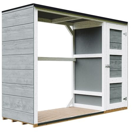 Vedförråd - 75 x 217 x H159 cm - Modernt vedförråd med sidoverktygsförvaring - 1,09 m² + 0,53 m² - Redskaps- och vedbod - TIMBELA M981 - GROTTSTÅL