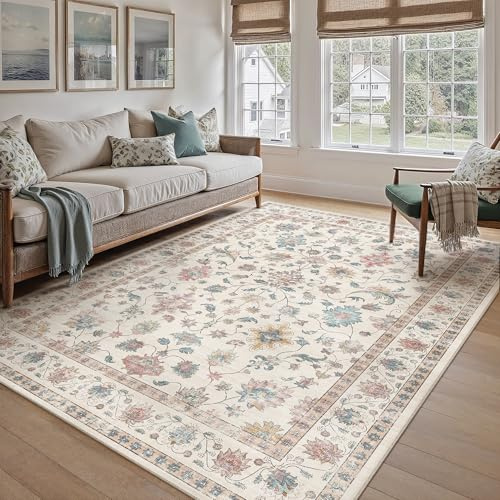 PureCozy Alfombra Lavable de 160 x 230 cm para salón, diseño de Flores, Pelo Corto, Antideslizante, Suave, Flores, Bohemio, Vintage, para Dormitorio, Cocina, Comedor, salón, Multicolor