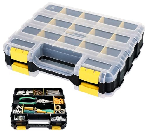 DASBET Organizador de herramientas de doble cara con 34 compartimentos, caja de almacenamiento de tornillos, divisores extraíbles con tapa transparente, organizador surtido de accesorios para