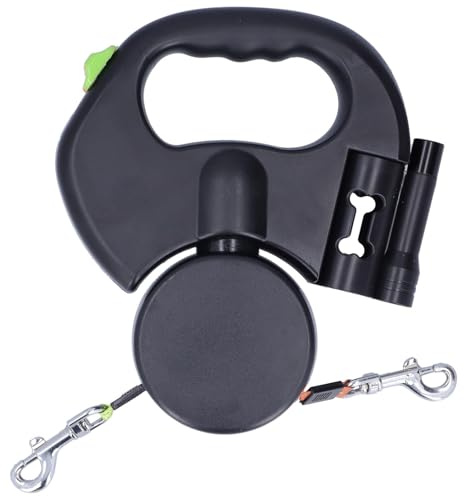 Ticfox Indragbart dubbelhundkoppel, automatiskt rullkoppel för 2 hundar med 3 m dubbelt koppel, med ficklampa och fickdispenser, hundkoppel rullkoppel reflekterande nylon