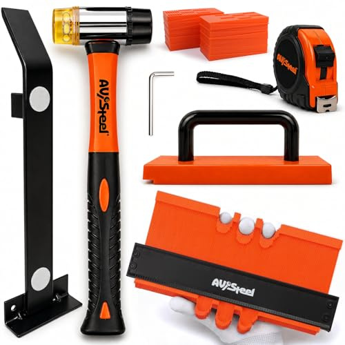 AV Steel 45-Piece Laminate Flooring Tools, Heavy Pull Bar, Solid Tapping Block with Handle, 40 Spacers, 33mm Double-Faced Mallet, Contour Gauge, 16FT Tape Measure for Laminate, Hardwood, Vinyl