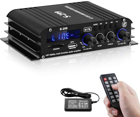 Amplificatore HiFi con Bluetooth, S-299 4 canali RMS 40Wx4+50W Max. 800W Bluetooth 5.0 Mini Amplificatore Audio Subwoofer con slot USB SD, AUX, Radio FM DC 12V/5A per altoparlanti domestici