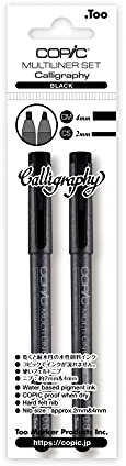 Copic Multiliner Black Calligraphy Set di penne da disegno con punta a scalpello 2 e 3 mm, inchiostro pigmentato resistente all'acqua all'alcool, nero, per disegnare, lettere scrittura calligrafica