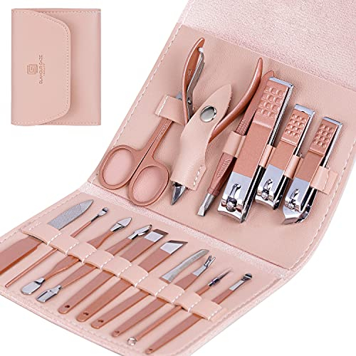 START MAKERS Set Manicure Professionale,16 in 1 Set Tagliaunghie,Acciaio Inox Kit Manicure,Kit Tagliaunghie Strumenti Portatile da Viaggio,per Manicure e Pedicure con Bella Custodia in Pelle (Rosa)