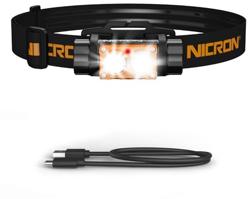 NICRON Headlamp Rechargeable, High Bright 1500 lumens 180° Rotating Aluminum LED Head Lamp with 3 Light Sources 10 Modes Waterproof Head Flashlight H25 for Camping Hunting Running Fishing Biking