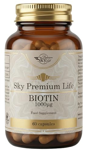 Sky Premium Life Biotin 1000mcg Vegan & Halal Capsules - Vitamin B7 Supplement for Hair & Skin - Pure Energy & Metabolism Support in Premium Amber Glass - 60 Daily Capsules