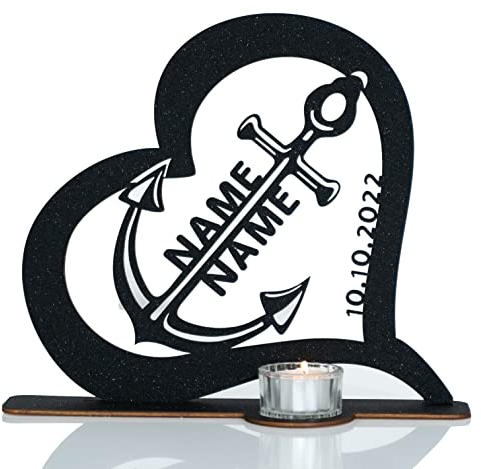 Waluna® Hochzeitsgeschenk Teelichthalter personalisiert mit Namen und Datum Liebesgeschenk Herz Individuelles Geschenk zur Hochzeit/zum Jahrestag in 12 Farben Tischdeko (Anker im Herz)