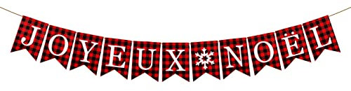 JOYEUX NOËL Bannière de Noël avec inscription française, à carreaux, carrée flocon de neige, décoration de Noël, à suspendre, Noël, ménage, noir, rouge