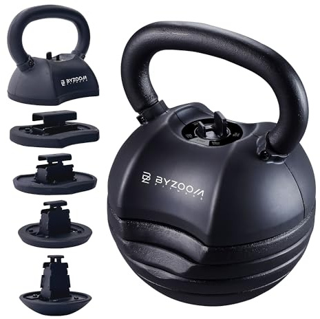 BYZOOM FITNESS Pure Series Adjustable Kettlebell 30LB - 5-IN-1 Weight Change, Patented Quick-Change Machenism, Ergonomic Curved Handle for Home Gym, Strength Training, HIIT, Black