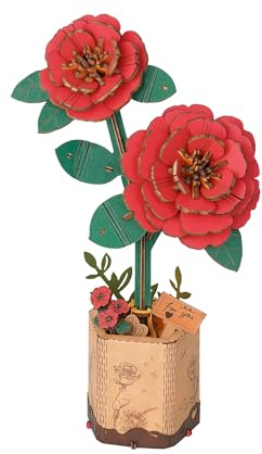Rolife 3D Puzzle en Bois Bouquet de Fleurs en Bois Artisanat Modèle pour Adulte Fleur Eternelle Cadeau Romantique pour Femme Noël/Anniversaire/Saint Valentin/Fête des Mères (Camélia Rouge)