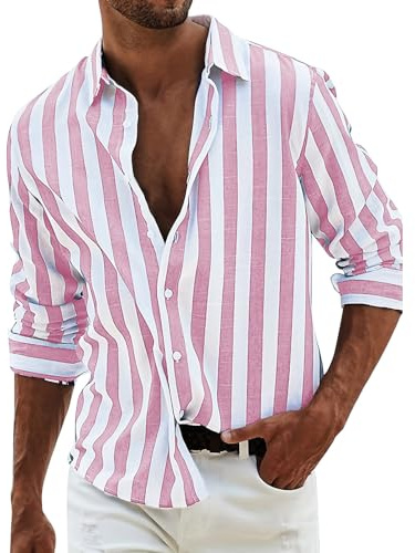 Camisa de lino para hombre, de manga larga, de verano, de manga larga, a rayas, para el tiempo libre, de lino, corte regular, camisa de playa informal con botones