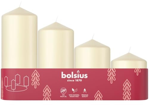 Bolsius Glatte Stumpenkerzen - 4er Set - Elfenbein - Verschiedene Größen 12-10-8-6 cm - Ø48mm - Dekorative kerzen - Lange Brenndauer - Unparfümiert - Mit Natürlichem Pflanzenwachs - Ohne Palmöl