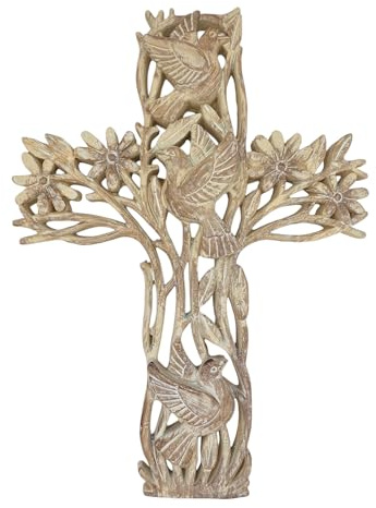 Top Brass Garden of Life Decorative Wall Cross – Rustic Carved Wood Look – Flowers and Doves Spiritual Jesus Art