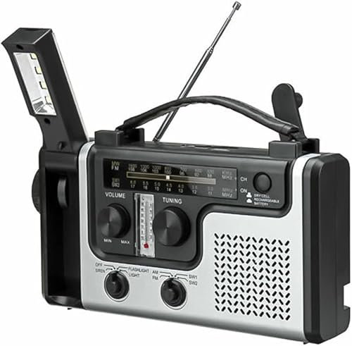Radio d'urgence, Radio Solaire Portable à Manivelle Am/FM/SW Radios Multibande avec Lampe de Poche LED Lumineuse, Banque d'alimentation, Alarme SOS et Testeur de Température