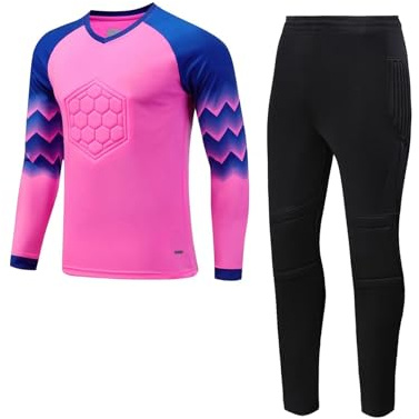 RUNQHUI Fotbollströja för barn, pojke, fotbollsmål, målvakt, med byxor, fotbollsklädsel, Skrikrosa, 13-14 år