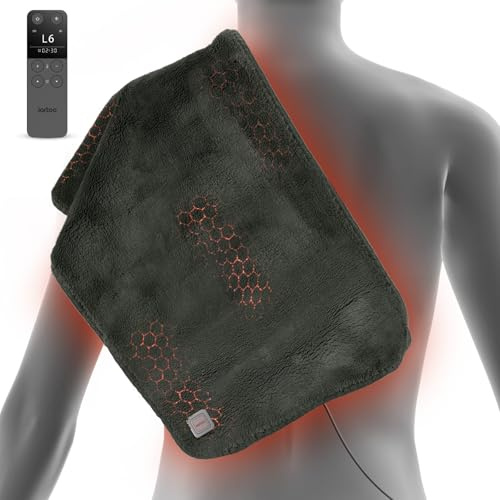 Jartoo Manta Eléctrica Infrarroja, Esterilla para Cólicos, Espalda y Cuello, Lavable, 12V Seguro, Remoto sin Cable, 6 Niveles de Temperatura y Temporizador (30x60 cm, Gris)