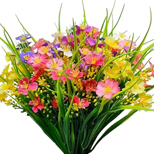 Kinisty Artificial Outdoor Plants and Flowers 12 Bundles Decorative Faux Silk Flower UV Resistant Plastic Wildflowers Fake Shrubs for for Outside Garden Window Boxes Decoration