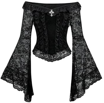 GORGLITTER Women's Off Shoulder Cross Decor Frilled Lace Blouses Bell Long Sleeve Asymmetrical Fitted Goth Party Tops Black Large