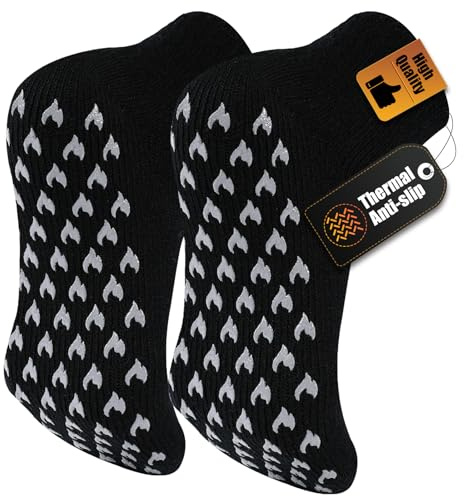 SukModen Men's Thermal Slipper Socks, 1 Pair, Non Slip Winter Warm | Thick fleece lining and chunky knit provide cosy warmth for cold winter days; flame-shaped sole grips add traction at home.