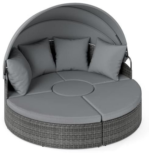 COSTWAY Sonneninsel mit Dach und Tisch, Sonnenliege Rattan für 2 Personen, Gartenliege mit Sitz- und Rückenkissen, Lounge Möbel Outdoor, runde Liegeinsel für Garten, Terrasse (Grau)
