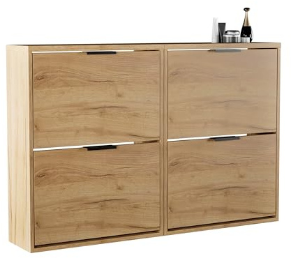 Planetmöbel 2 x Schuhschrank schmal mit 2 Klappen platzsparender Schuhregal mit 4 Ablagen, Schuhkommode für Diele, Flur, Garderobe 60 x 23 x 80,5 cm, Gold Eiche