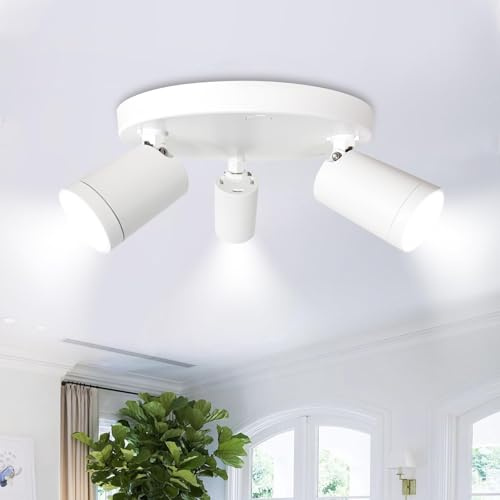 GY Focos de Techo Blancos, Plafón LED Giratorio 360° de 3 Focos, Plafón con Focos GU10, Iluminación de Techo Redonda, Adecuado para Techo Interior LED, Cocina, Dormitorio, Salón, (Sin Bombillas)