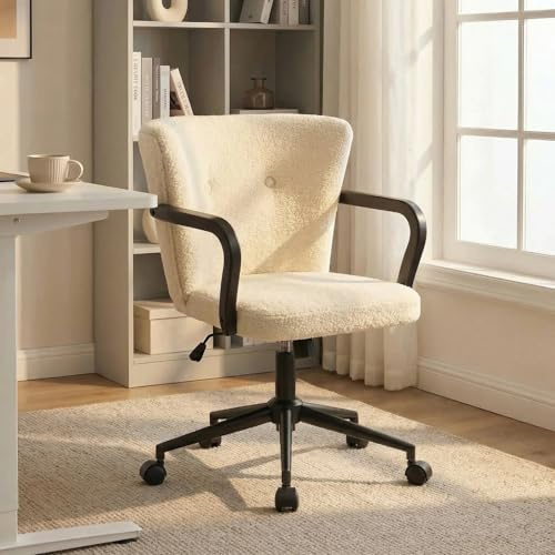 FurniSoar Silla de Oficina, Sillón Giratorio Ajustables en Altura, Sillón Ergonómico con Respaldo Alto y Reposabrazos, para Dormitorio, Oficina, Salón, Tejido Sherpa Blanco