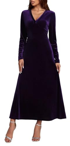 Winter Dresses for Women UK V Neck Long Sleeve Elegant Velvet Dresses Work Office Formal Dress Ladies Plain Swing Party Evening Maxi Dress Solid Color Casual Winter Gowns Purple