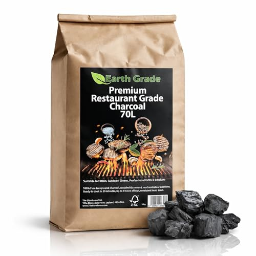 Carbone di alta qualità da ristorante, 70 l, legno di legno di lunga durata, illuminazione rapida, bassa cenere, alta potenza di calore, compatibile con barbecue, grill, affumicatore e Kamado, 100%