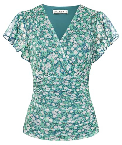 GRACE KARIN Women's Blouses Floral Boho Tops Short Ruffle Sleeve Wrap Tunic Blouse Spring Summer Going Out Tops