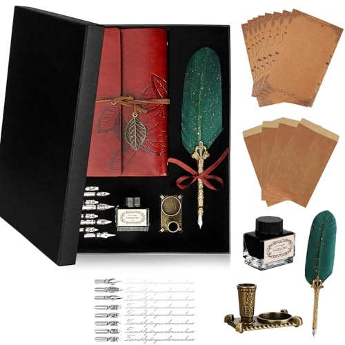 TOSUTO Set Inchiostro Penna Piuma,Penna a immersione,Penna a piuma con portapenne,taccuino in pelle,inchiostro,8 punte di ricambio,portapenne,carta da lettere e buste,set di scrittura per idee regalo