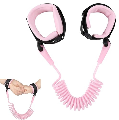 WUMZIRA Correa Niños Paseo de 1.5m, Pulsera Antiperdida con Rotación de 360°, Arnes Bebe para Caminar Seguro, Niños Extensible Exterior y Viajes, Pack de 1, Negro y Rosa