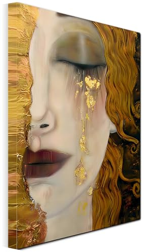 Generico Quadro stampa su tela - Riproduzione Lacrime dorate di Klimt - Quadro in tela opere d'arte pittori famosi per Soggiorno, salotto e Camera da Letto - Telaio in legno 3 CM - 80X50 CM