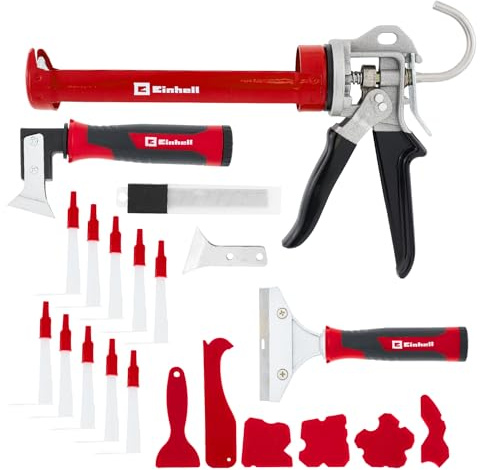 Einhell set di riparazione silicone 22 pezzi (pistola cartucce 360°, 4 lisciatori, coltello giunti, raschietto fughe, raschietto, spatola, 10 tappi)