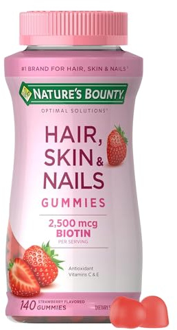 Nature's Bounty Hair, Skin & Nails with Biotin, Strawberry Gummies Vitamin Supplement, Supports Hair, Skin, and Nail Health for Women, 2500 mcg, 140 Ct, 70 Total Servings