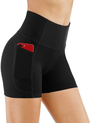 THE GYM PEOPLE High Waist Yoga Shorts for Women's Tummy Control Fitness Athletic Workout Running Shorts with Deep Pockets Black