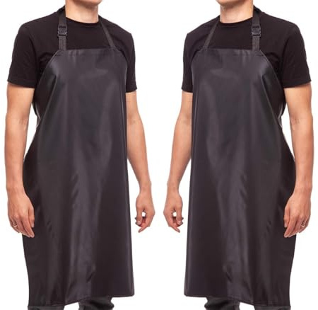 Aulett Home 35x28-Inch Waterproof Apron - Rubber Black Vinyl Kitchen Apron with Neck Strap Cushion - Heavy Duty and Adjustable Fit for Dishwashing, Butcher, Dog Grooming, Industrial Use - Pack of 2