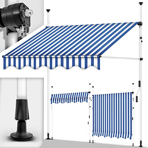 tillvex Klemmmarkise mit Handkurbel Balkon | Balkonmarkise ohne Bohren | Markise UV-beständig & höhenverstellbar | Sonnenschutz wasserdicht (Blau-Weiß, 200cm)