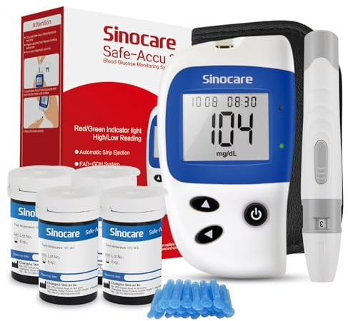Sinocare Safe-Accu2 Glucometro Misuratore di Glucosio Senza Codifica Facile da Usare Adatto Per il Monitoraggio Quotidiano della Glicemia in Tutti i Tipi di Diabete Incluse 100 Strisces/Lancettes