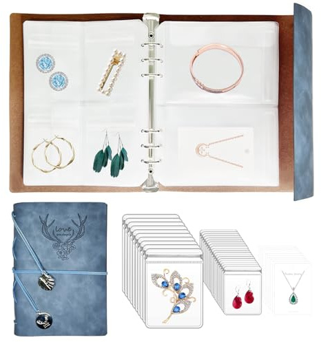 Jewelry Storage Book, PU Leather Travel Jewelry Organizer with Anti-drop Pockets, Portable Earrings Booklet with Transparent Jewelry Bags for Rings, Postcard(70 Grids+70 Anti Oxidation PVC Bags)