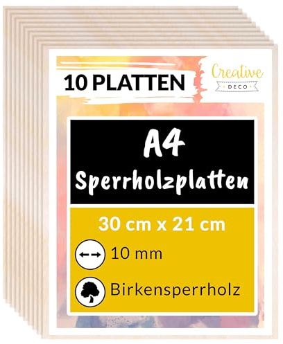 Creative Deco 10 x A4 Compensato Pannelli Legno Betulla 10mm | Pannelli Compensato 300 x 210 x 10 mm (+/- 2mm) | Fogli di Legno per Decorazione, Modellare, Pannelli Taglio Laser, Pirografia, Pareti